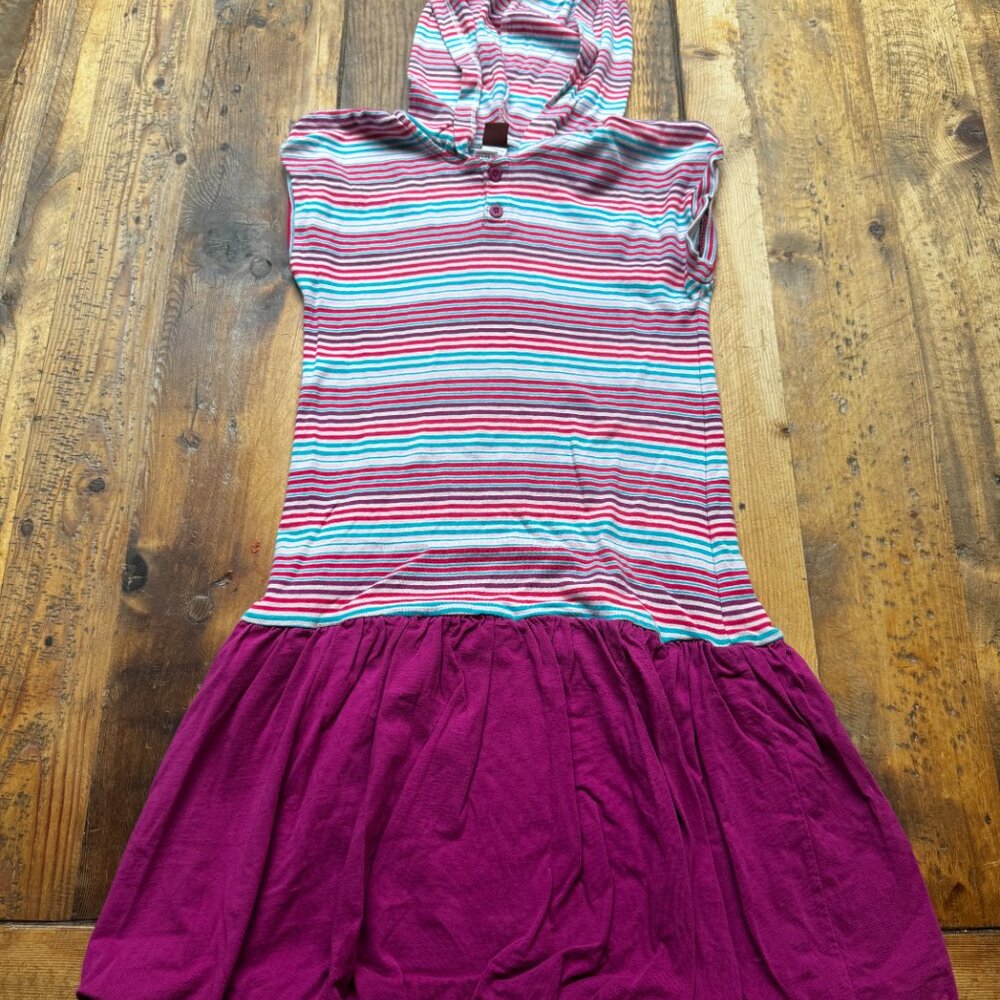 Girls Tea Collection Dark Raspberry Striped Bubble Hooded Dress Size 10 EUC